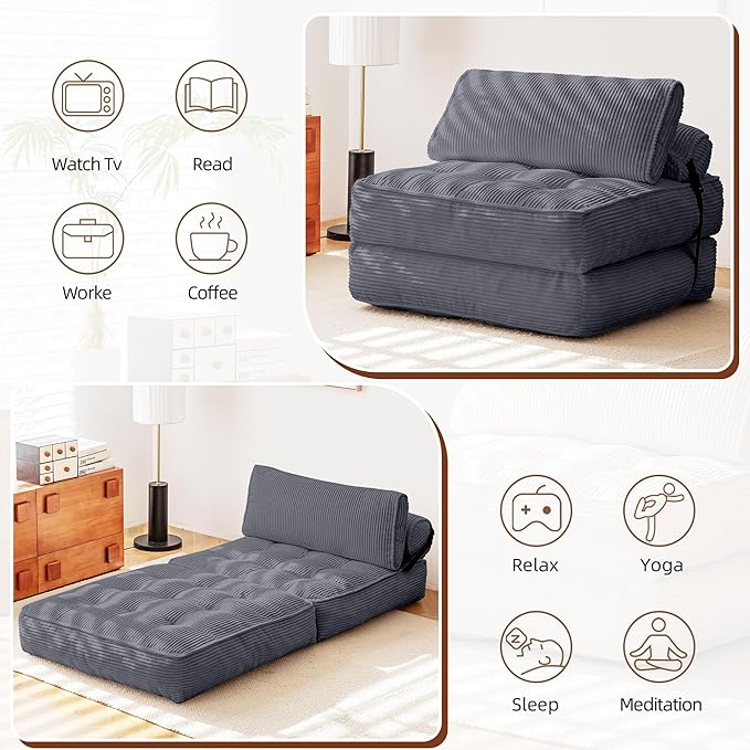 HOMREST Folding Sofa Bed Convertible Sleeping Chair with Backrest Support and Soft Corduroy FabricFold Couch Bed with Pillow for Small Spaces/Living Room/Bedroom/Apartment Single SizeGrayish Blue