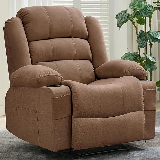 Wide Recliner Chair for Adults Large Manual Pull Tab Reclining Chair with Dual Cup Holders 3 Recline Positions Side Pockets Supports 350 Lbs Overstuffed Single Sofa for Living Room