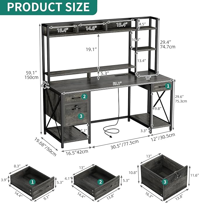 YITAHOME Computer Desk with Hutch &amp Drawers 59 Office Desk with Power Outlets Gaming Desk with LED Lights and Storage Shelves Grey