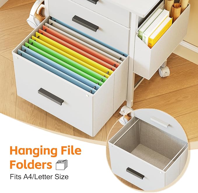 Mexin 3 Drawer File Cabinet with 24'' Extended Desktop Mobile Filing Cabinet Printer Stand Rolling Printer Stand with Side Bag Fabric Drawer Fits A4 Size Home Office White