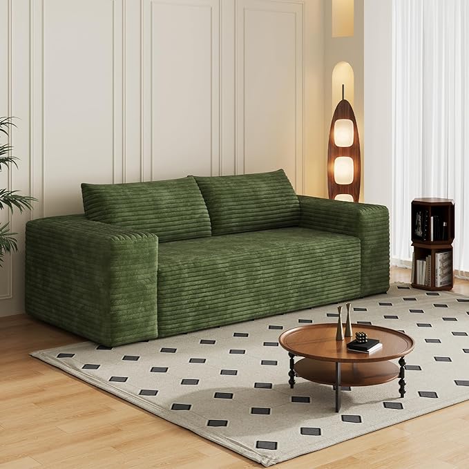 78-inch Boneless Loveseat Sofa Cloud Corduroy Floor Compressed Deep Seat Lounge Sofa Couch in A Box Comfy Fluffy Modern Plush Memory Foam No Assembly Couch for Living Room Bedroom Office Green