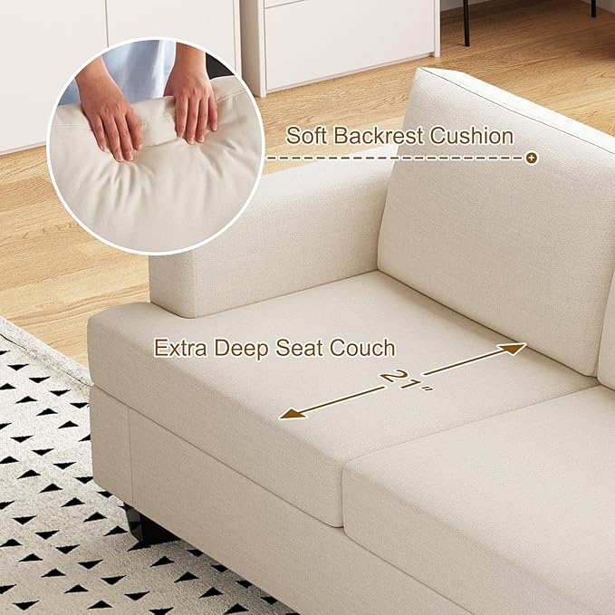Furnimart 85 inch Deep Seat Sofa Modern 3 Seater Couch Beige Linen Sofa Comfy Cloud Couch for Living Room Cozy Fluffy Sofas with Removable Sofa Cover Small Couches for Small Spaces