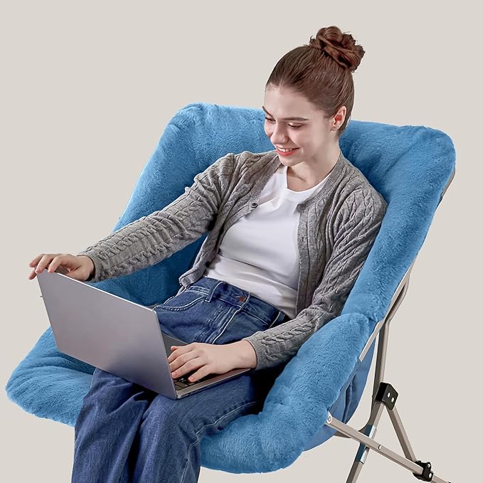 Walsham Folding Comfy Chair Faux Fur Soft Cozy Lounge Reading Papasan Chair for Adults Kids Bedroom Living Room Dorms Small Space Blue