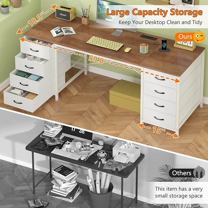 60 Inch Computer Desk with 8 Drawers Home Office Desk with Power Outlets Work Study Gaming Desk with 8 Fabric Drawers Brown and White
