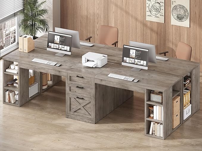 SEDETA Farmhouse 96.5 Computer Desk with Drawers 2 Person Home Office Desk Gaming Double Desk with Storage Shelves Long Two Person Writing Desk (Grey)