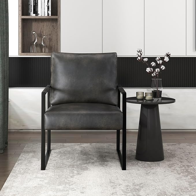 Lexicon Modern Accent Chair Faux Leather Upholstered Living Room Chair With Wrapped ArmrestsArm Chair With Black Metal FrameComfy Single Chair For Living Room/Bedroom/Reading Room/OfficeDark Brown