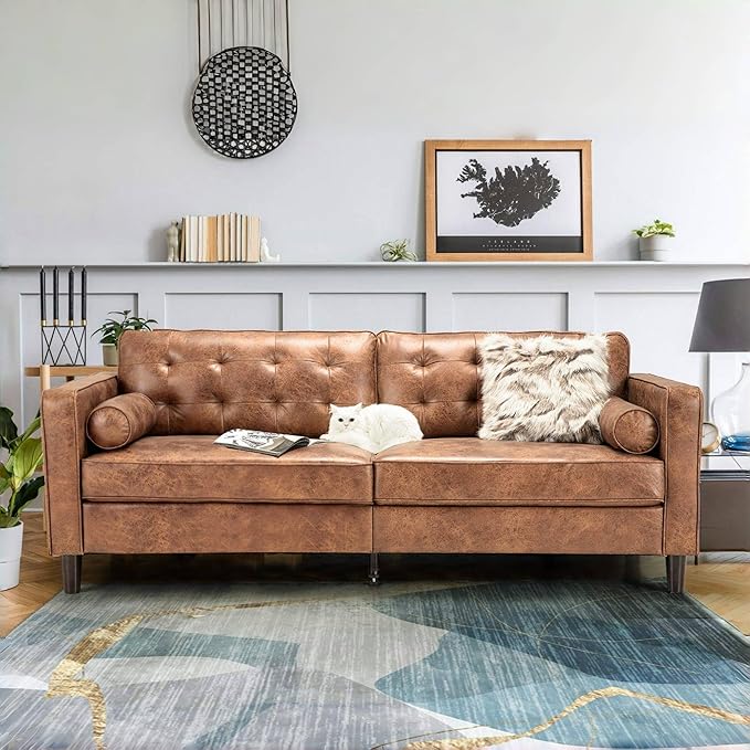Esright Mid Century Modern Faux Leather Sofa 84.2-Inch 3-Seater Vintage Couch with 2 Bolster Pillows Large Brown Sofa for Living Room Apartment Office