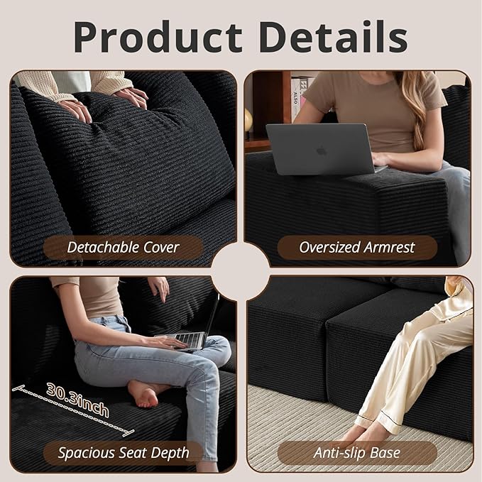 108 L-Shaped Boneless Couch Modular Sectional Sofa with Moveable Ottoman Corduroy Cloud Couches for Living Room No Assembly Ship in a Box Black