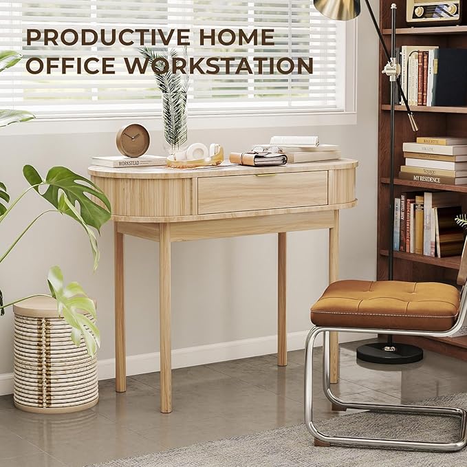 Writing Desk with Drawer 39 Small Computer Desk with Fluted Design Oval Wood Study Table for Small Space Modern Home Office Desk Makeup Vanity Table for Bedroom Oak