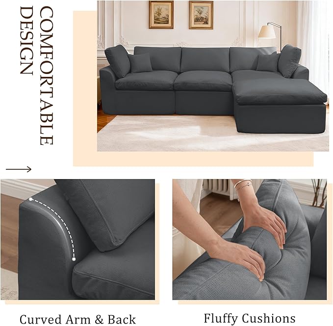 112 Cloud Sectional Couches for Living Room Modern Modular Sectional Sofa with Ottoman Boneless Cloud Couch with Comfy Deep Seats Fluffy Chenille L-Shape Sofa Couch for Living RoomDarkgrey