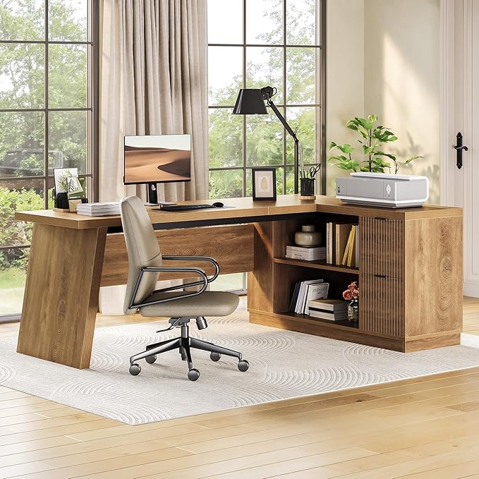 LITTLE TREE 78-Inch L-Shaped Executive Desk Modern Desk with Drawers &amp File Cabinet Large Walnut Office Workstation with Storage Shelves for Home Office