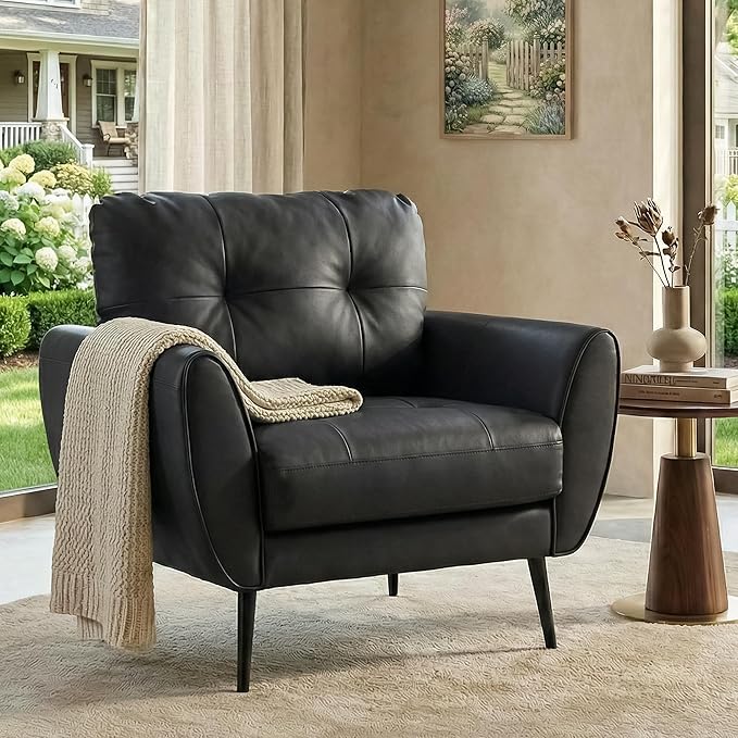 TYBOATLE Accent Chair Comfy Modern Living Room Chair Black Leather Reading Accent Chairs Tufted Mid Century Moden Arm Chair Small Salon Chair for Office Bedroom (1 Black)