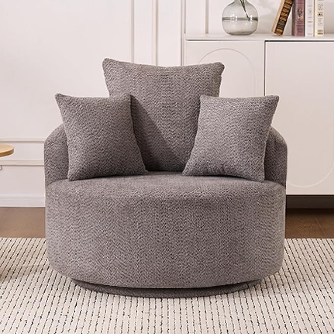 Yoglad 38.58'' Swivel Round Chair Comfy Boucle 360° Accent Chair with Thick Cushion Oversized Modern Single Sofa with 3 Pillows Soft Armchair for Nursery Living Room Bedroom Office (Grey)