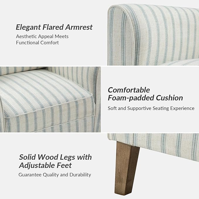 HULALA HOME Farmhouse Wingback Accent Chair Upholstered Striped Armchair with Solid Wood Legs Thick Seat Cushion for Living Room or Bedroom Blue