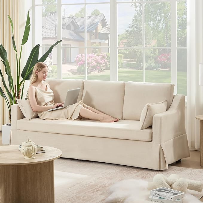 Tbfit 80.7 Slipcovered Couch 3 Seater Sofa Vintage Sofas with Removable Cover Pocket Spring Cushion Mini Couches Living Room Furniture for Home Apartment Farmhouse Beige
