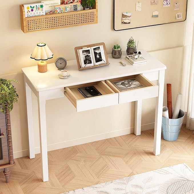 Solid Wooden Desk with Drawers - 39 x 16 Inch Modern Narrow Desks Rubberwood Simple Study Table Small Writing Desk for Bedroom|Small Spaces - White Desks