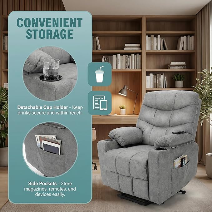 Homdox Power Lift Recliner Chair for Elderly Heavy Duty Electric Lift Reclining Sofa with Remote Control Assist Function Heated Massage and Side Pockets Ideal for Living Room (Grey)