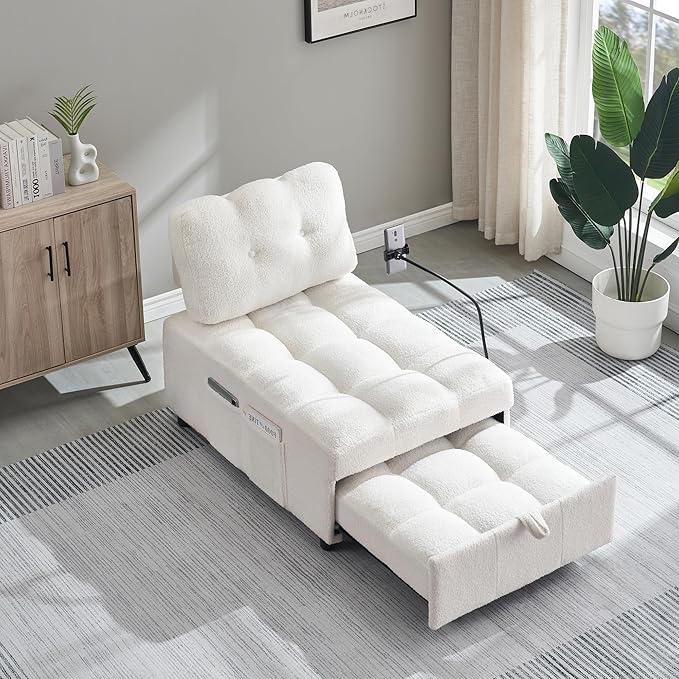 Modern Teddy Fabric Sofa Bed Futon3 in 1 Convertible Pullout Bed Couches with 3 Reclining BackrestsPhone StandSmall Sofa Single Sleeper Chair Bed for Living Room Bedroom (Beige)