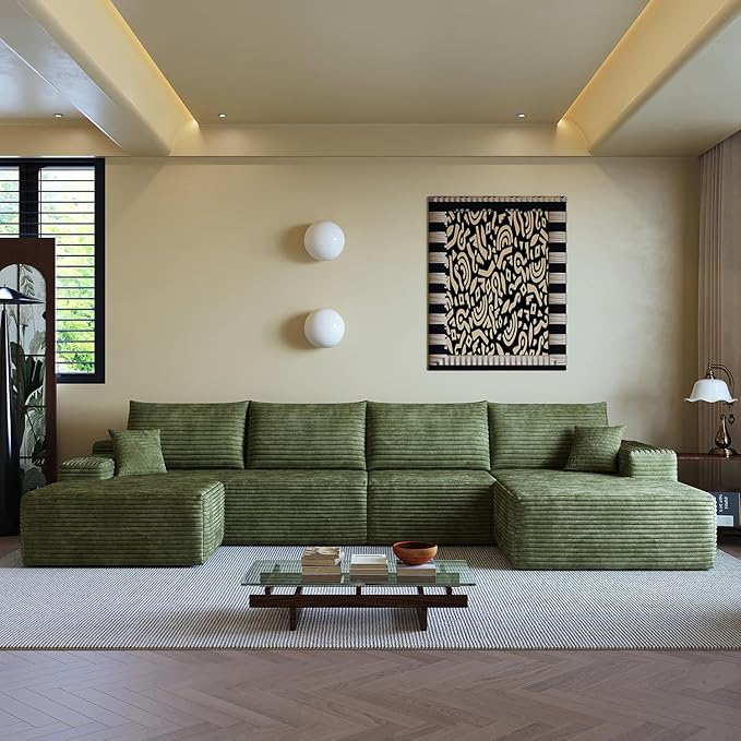 135.4 U Shaped Sectional Corduroy Boneless Couch with 1 Ottoman Modern Modular Couches for Living Room Apartments Upholstered Cloud Sofa with Deep Seat No Assembly Required (Green)