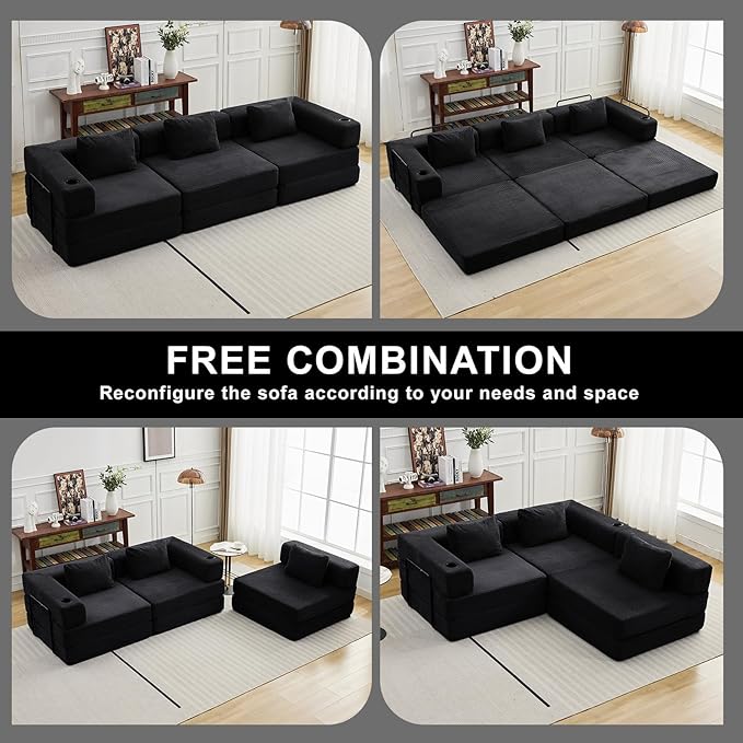 118 Oversized Sectional Couches Convertible Floor Sofa Bed with Cup Holder Boneless Foldable Mattress Cloud Couch with Pillow Back &amp Armrest for Living Room Bedroom Lounge(Corduroy Black)