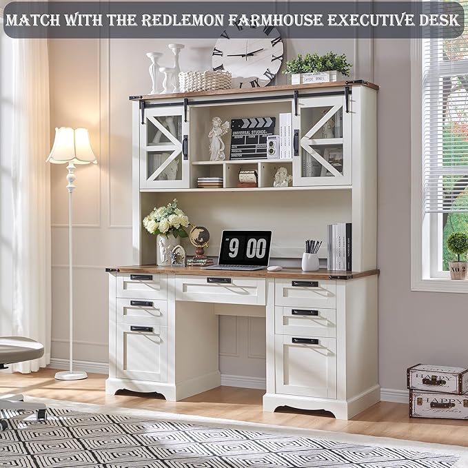 RedLemon 42 Farmhouse Desk Hutch with Sliding Barn Door and Ample Storage/Display Space Only Match Farmhouse Desk (Antique White)