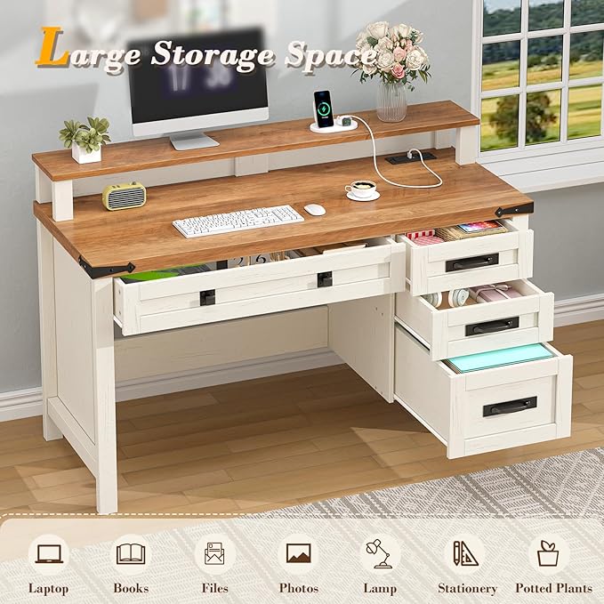 Farmhouse Executive Desk with Drawers 47 Computer Desk with Power Outlets Home Office Desk with Monitor Stand &amp 4 Drawers Small Desk Writing Study Table Antique White