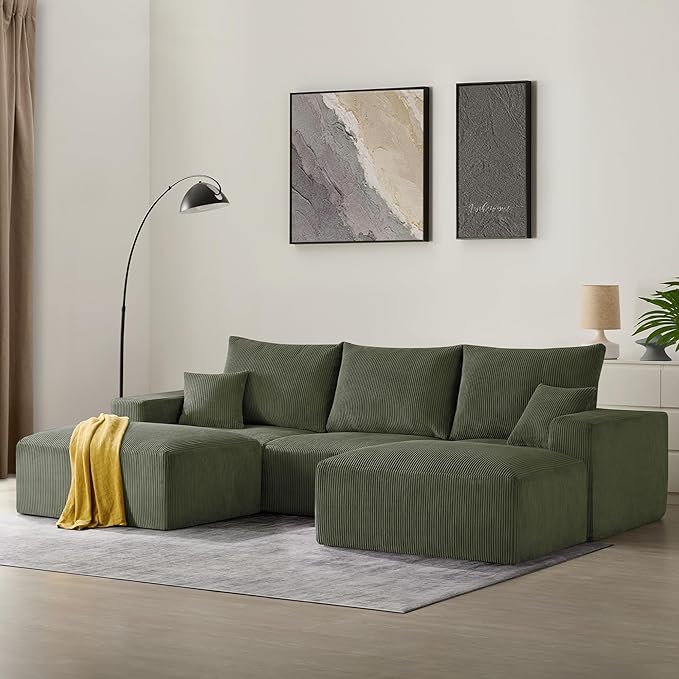Sectional Sleeper Sofa Couches for Living Room-113'' 3 Seat U-Shaped Lounge Couch-No Assembly Required Modular Corduroy Convertible Full Sponge Compression Sofas for House Big Space(Green)