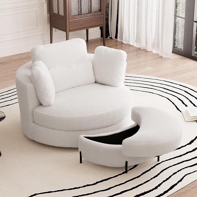 Aoiy &amp Wifon 50.2'' W Oversized Swivel Barrel Chair with Storage Ottoman Ivory Round Accent Chair with Half Moon Ottoman for Living Room Deep Seat &amp Extra Wide Sherpa