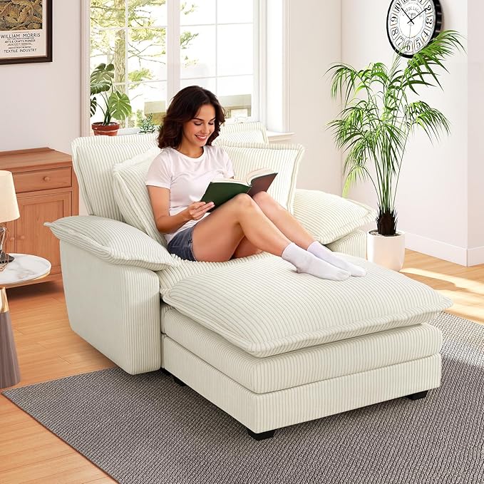 48 W Oversized Chaise Lounge Chair Indoor with Ottoman Upholstered Cloud Accent Chair with Extra Wide Armrests Comfy Green Corduroy Sleeper Chair for Living Room Bedroom Reading (Beige)
