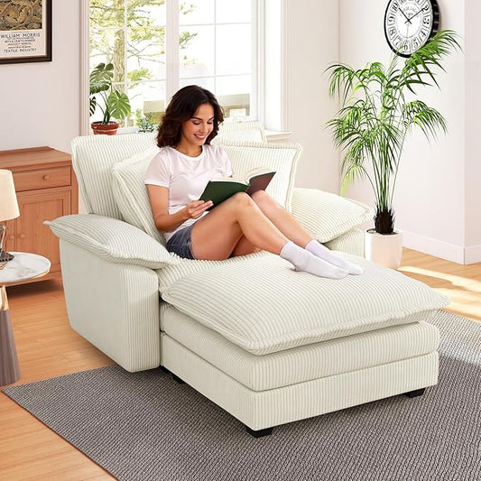 48 W Oversized Chaise Lounge Chair Indoor with Ottoman Upholstered Cloud Accent Chair with Extra Wide Armrests Comfy Green Corduroy Sleeper Chair for Living Room Bedroom Reading (Beige)
