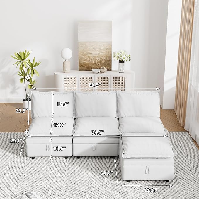 Modular Sectional Sofa 80.5 L Shaped Comfy Cloud Couch with Deep Seat Boneless Couches for Living Room 3 Seat Modular Sofa with Chaise Beige