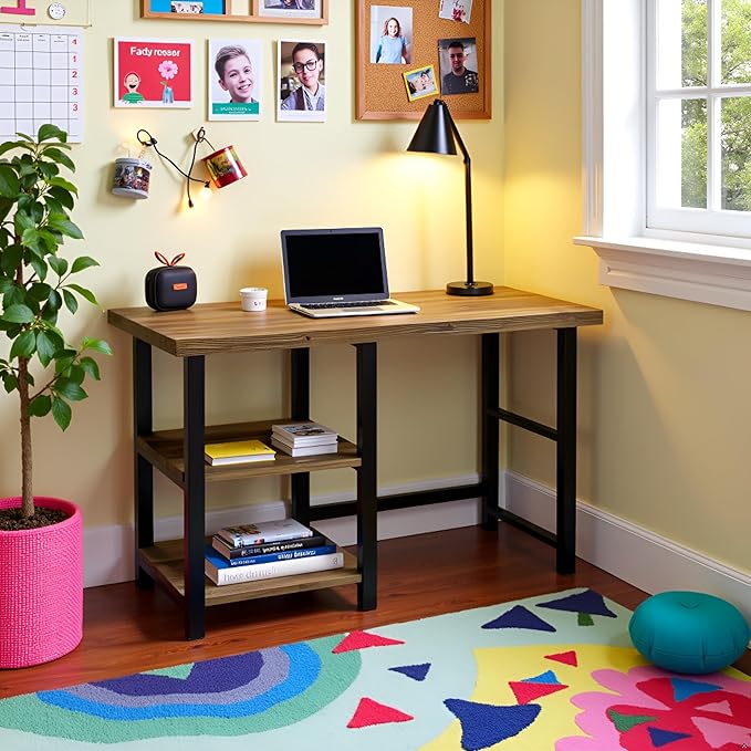 Alaterre Furniture Pomona 48-Inch Industrial Study Desk with Solid Pine Wood Top 2 Open Shelves and Metal Frame – Writing Desk with Floor Levelers for Home Office Bedroom or Dorm (Natural Finish)