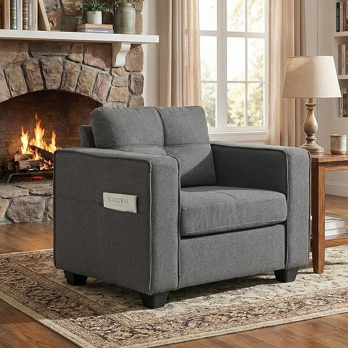 TYBOATLE Oversized Accent Chair w/Side Pockets Modern Tufted Upholstered Living Room Chair Comfy Arm Chair Linen Fabric Reading Waiting Room Chairs for Bedroom Apartment Office