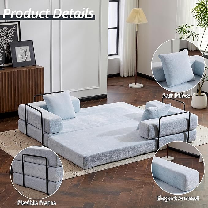 Folding Sofa Bed Convertible Sleeper Sofa Chenille Floor Couch with Pillows Fold Out Couch King Size Bed Futon  Foldable Memory Foam Mattress for Living Room Bedroom Playroom (Light Blue)