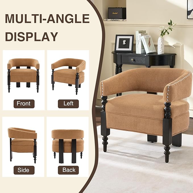 LOULENS Barrel Accent Chair for Living Room | Vintage Linen Upholstered Lounge Chair with Solid Wood Legs Armchair for Bedroom Reception Room &amp Reading Nook Brown