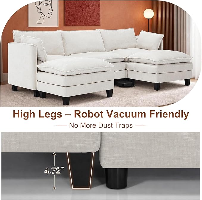 111” Modular Sectional Sofa L Shaped Cloud Couch with Ottoman Chenille Deep Seat Sofa with Pillow for Living Room Bedroom and Apartment 6 Seats Beige