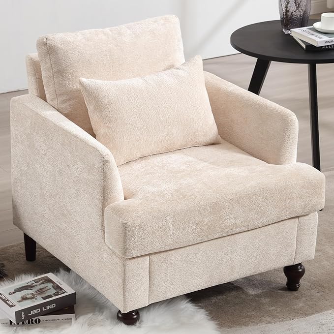 Oversized Accent Chair with Lumbar Pillow Upholstered Side Chairs for Living Room Bedroom Comfy Reading Chairs for Adults with Wide Seat Thick Cushion Soft Chenille (Beige)