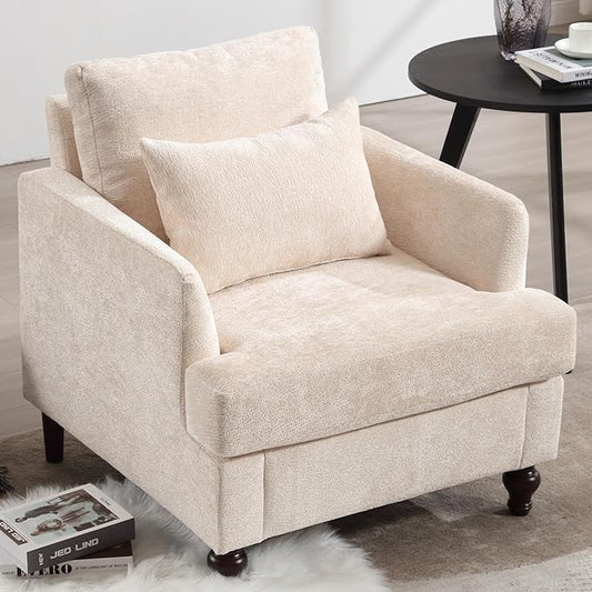 Oversized Accent Chair with Lumbar Pillow Upholstered Side Chairs for Living Room Bedroom Comfy Reading Chairs for Adults with Wide Seat Thick Cushion Soft Chenille (Beige)