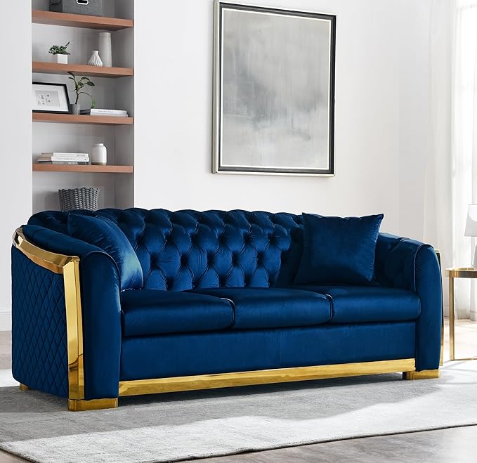 81.1 Chesterfield Sofa Couch Velvet Sectional Sofa Couch for Living Room 3 Seater Couch Button Sofa with Stainless Steel Gold Plating Decoration with 2 Pillows Blue &amp Gold