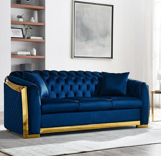 81.1 Chesterfield Sofa Couch Velvet Sectional Sofa Couch for Living Room 3 Seater Couch Button Sofa with Stainless Steel Gold Plating Decoration with 2 Pillows Blue &amp Gold