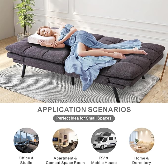 QAIIOO Futon Sofa Bed Memory Foam Sleeper Sofa Convertible Sofa Bed with Adjustable Armrests and Backrest Modern Futon Couch for Small Space Living Room Office Grey