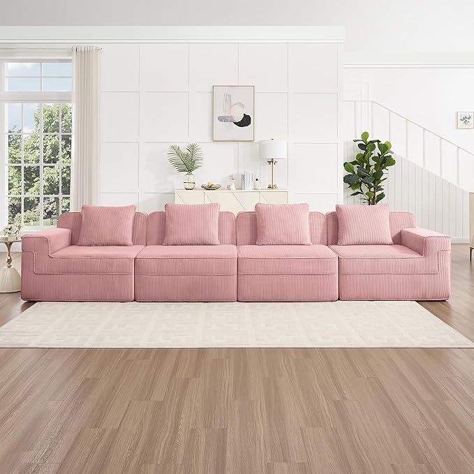 153.5 Boneless Sectional Couch for Living RoomCorduroy Cloud Sofa with Deep Seats and Wide Armrests Memory Foam Sofa 4 Seater Pink Sofa for Apartments