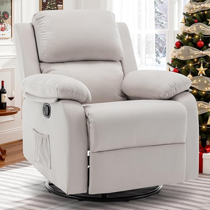 Recliner Chair 360 Swivel Rocker Chair for Adults Small Rocking Recliner for Small Spaces Upholstered Fabric Glider Recliner Nursery (Swivel Rocker Recliner Off White)