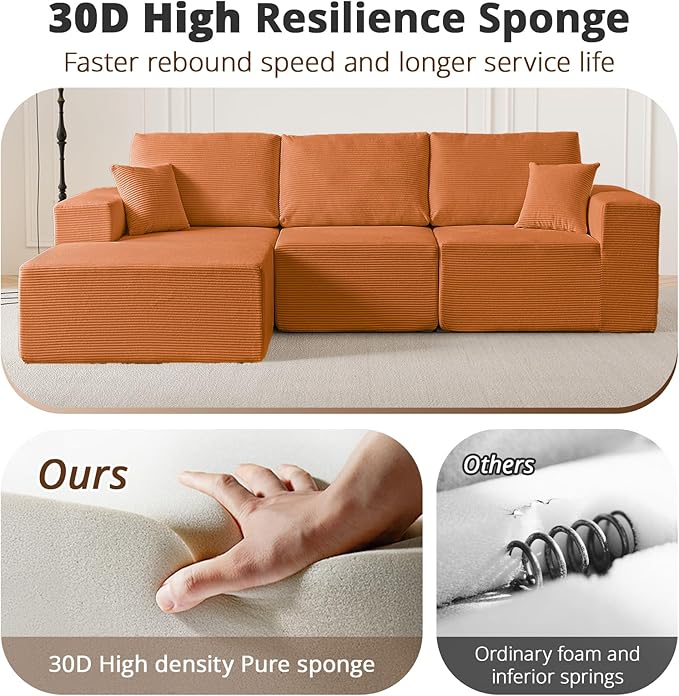 108 L-Shaped Boneless Couch High Seat Modular Sectional Sofa with Moveable Ottoman Corduroy Cloud Couches for Living Room No Assembly Ship in a Box Orange