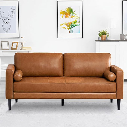 Naomi Home Marisa - Genuine Cowhide Leather Sofa - Mid-Century Modern Apartment 3-Seater Couch - Plush Foam Comfort &amp Sturdy Wood Frame