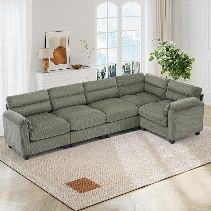 115 Wide Modular Sectional L Shaped Corner Sofa Couch Corduroy Fabric 5-Seater Couches with Thick Cushion and Rolled Arm for Living Room Green