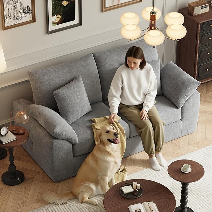 76 Boneless Loveseat Sofa Cloud Foam Couch 3 Seater Upholstered Midcentury Mondern Love Seat Wide Armrest and 4 Pillows for Home Living Room/Small Spaces No Assembly Required Grey