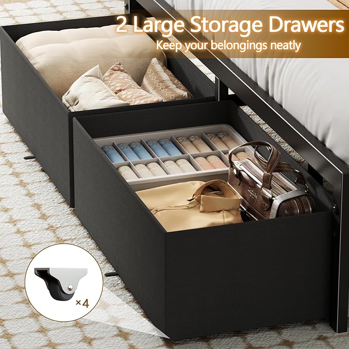 Furnulem Full Size Bed Frame with Headboard Storage Platform Bed Frame Full Size with 2 Drawers Charging Station and LED Lights No Box Spring Needed Noise Free Easy Assembly (1000 lbs Capacity)