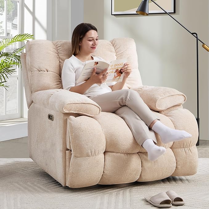 Oversized Rocker Recliner Chair 42” Power Swivel Recliner for Living Room Overstuffed Extra Wide Rocking Recliners with Breathable Soft Fabric Up to 400lbs(Power Beige)