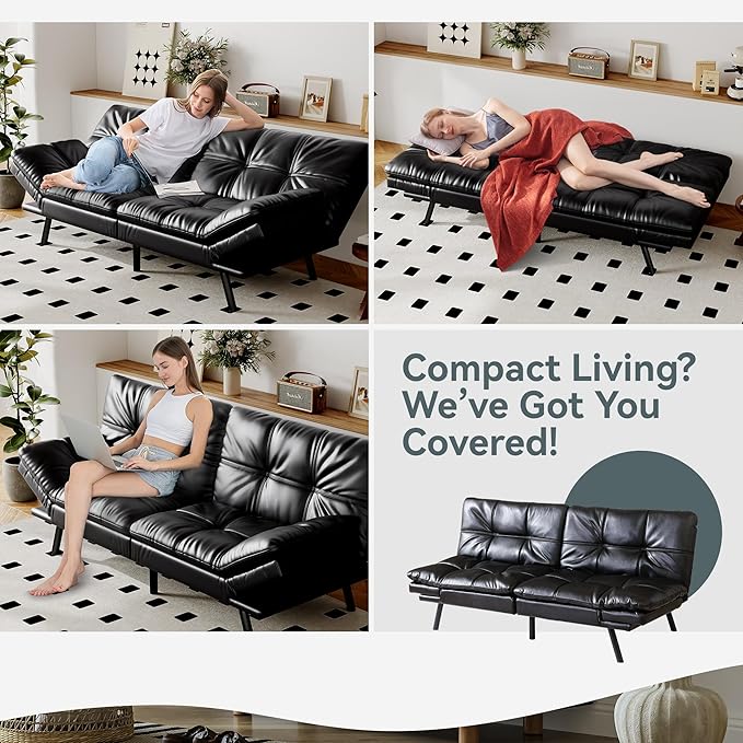 Futon Sofa Bed Convertible Couch Black Faux Leather Sofa Bed with Memory Foam Adjustable Backrest &amp Armrests Multifunctional Small Loveseat Sleeper Sofa for Living Room Apartment Office